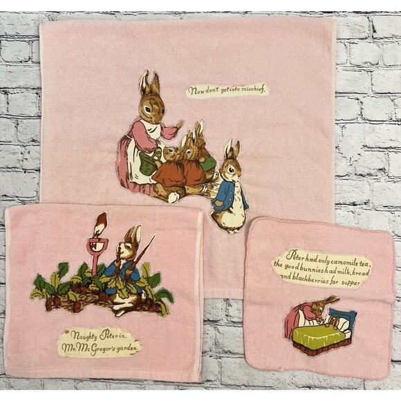 Vintage Martex Peter Rabbit Pink‎ Bath Towel Set 3 Beatrix Potter Naughty Peter - Picture 1 of 9